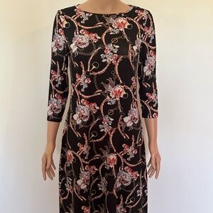 Christian Berg Black Floral Chain Print Midi Dress | Size 36 (US 6) | 3/4 Sleeve